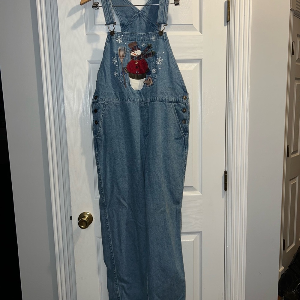 Christopher & Banks Blue Denim Overalls with Snowman